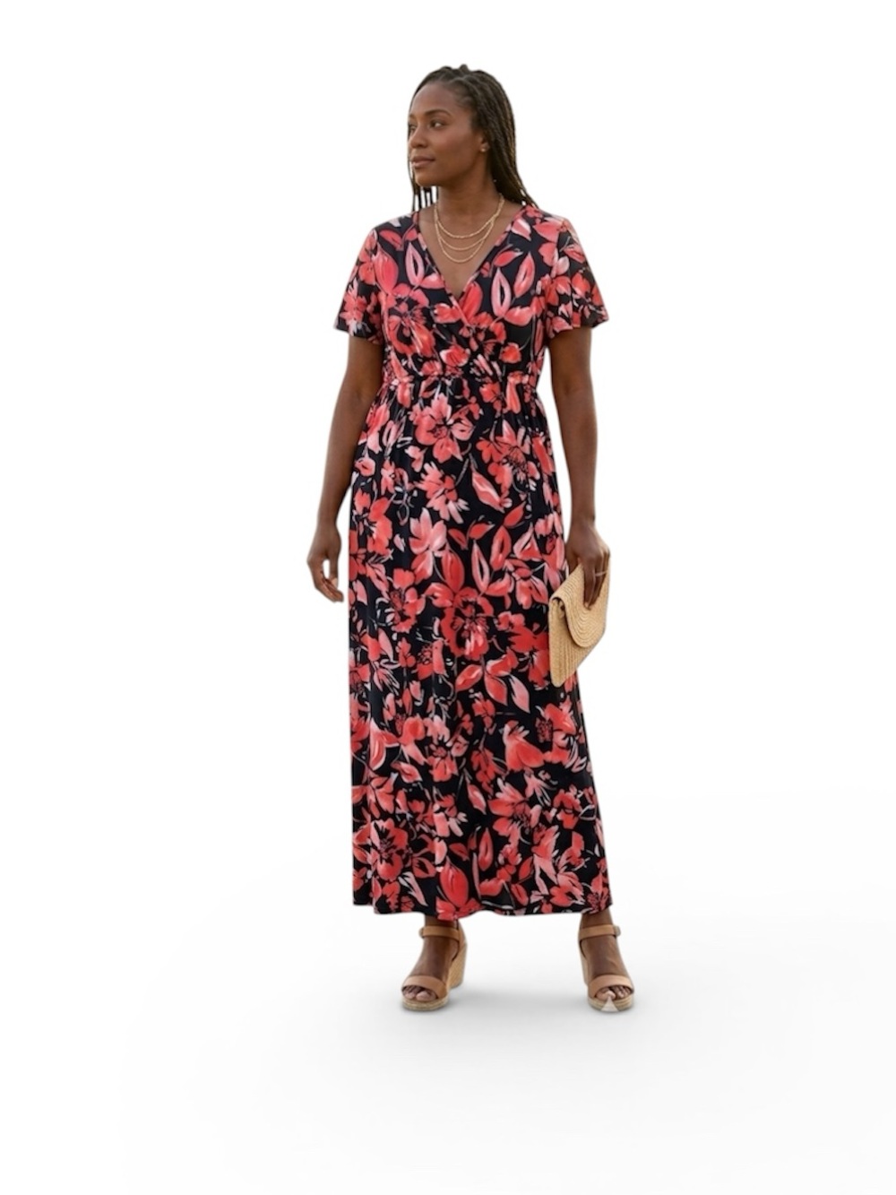Michelle Mae resortwear Black Maxi Dress with Coral Floral Pattern size XL